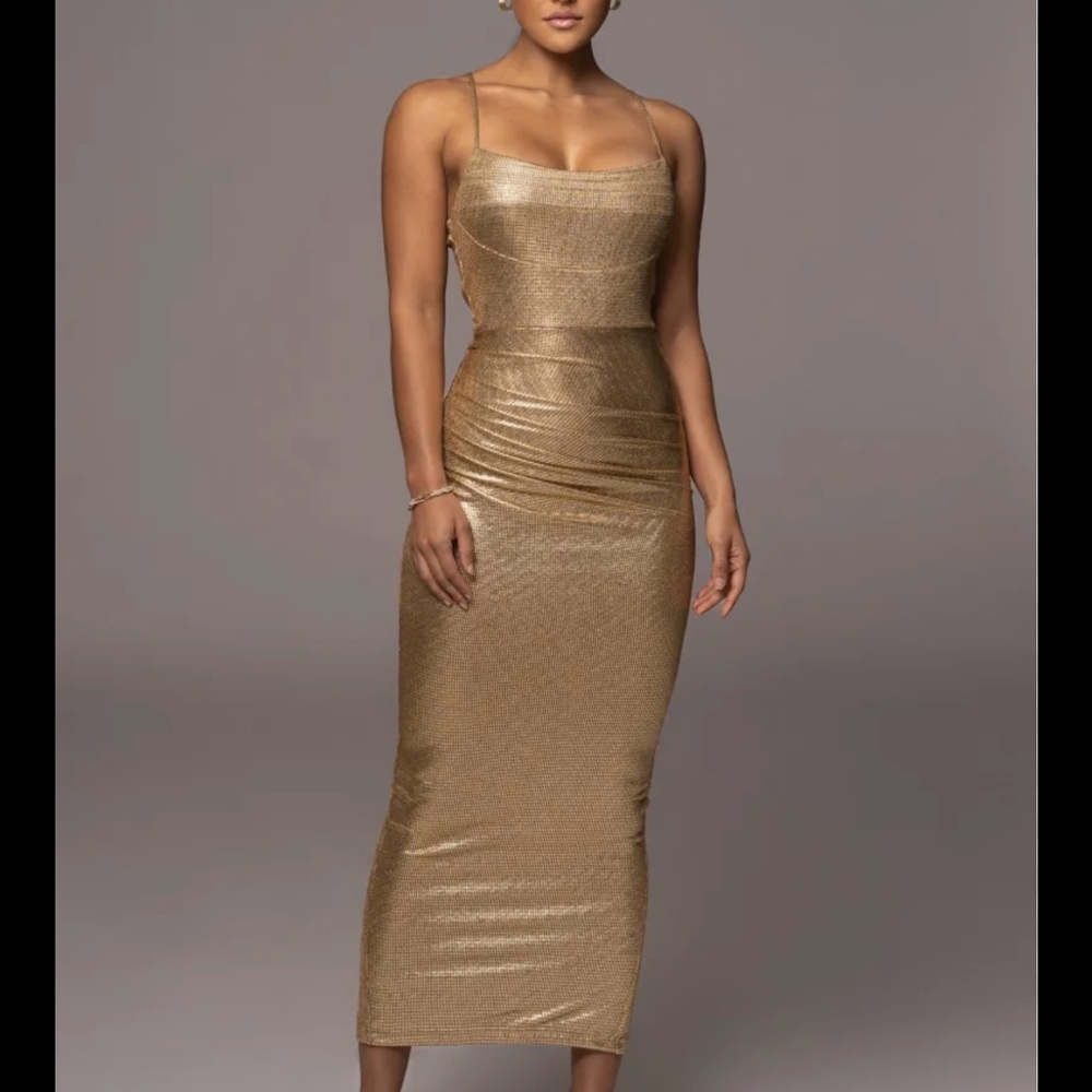 JLUXLABEL Gold Ruched Maxi Dress Spaghetti Strap